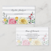 シックなグレーストライプのフローラピンクとイエローローズ 名刺 (正面/裏面)