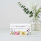 シックなグレーストライプのフローラピンクとイエローローズ 名刺 (スタンド正面)