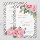シックなグレーゼブラプリントピンクローズブライダルシャワー 招待状 (正面/裏面)