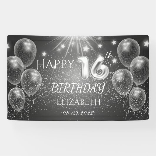 シックなグレーバルーンスターズスター16誕生日 横断幕 (横)