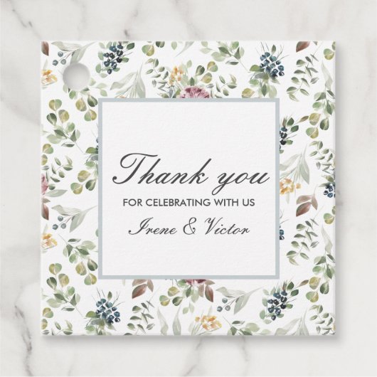 シックなグレーブルー感謝していアネモネ結婚フラワー フェイバータグ (正面)