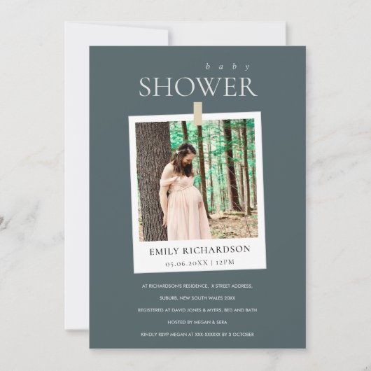 シックなグレーミニマルカスタムフォトベビーシャワー招待状 サンキューカード (正面)