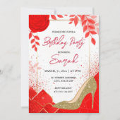 シックなグレームレッド金ゴールドグリッター誕生日パーティー 招待状 (正面)