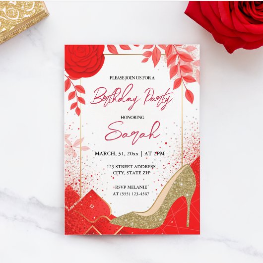 シックなグレームレッド金ゴールドグリッター誕生日パーティー 招待状
