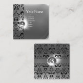 シックなグレー白黒ダマスクジェムストモノグラム スクエア名刺 (正面/裏面)