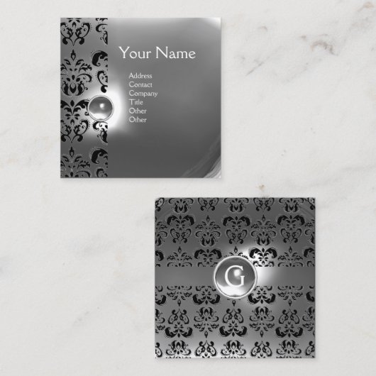シックなグレー白黒ダマスクジェムストモノグラム スクエア名刺 (正面/裏面)