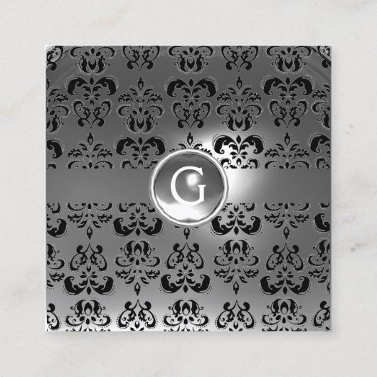 シックなグレー白黒ダマスクジェムストモノグラム スクエア名刺 (裏面)