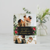 シックなグレー3フォトボタニカルメリークリスマス金ゴールド 箔シーズンポストカード (立ち正面)