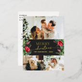 シックなグレー3フォトボタニカルメリークリスマス金ゴールド 箔シーズンポストカード (正面/裏面)