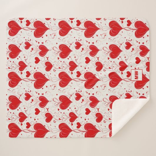 シックなコケット赤いハートと渦巻きモノグラム シェルパブランケット (正面(横))