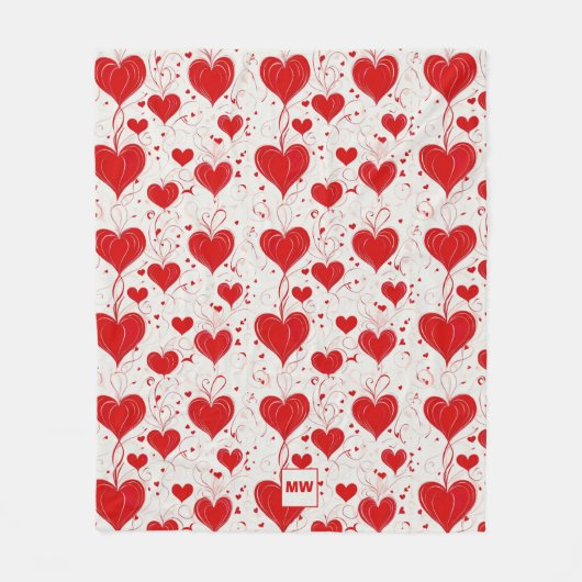 シックなコケット赤いハートと渦巻きモノグラム フリースブランケット (正面)