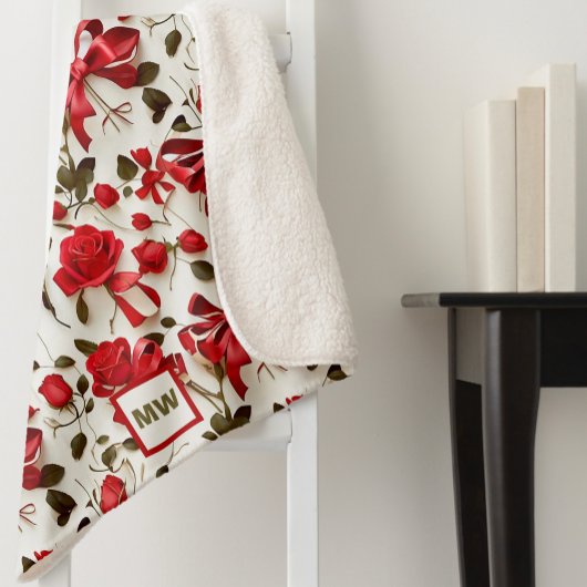 シックなコケット赤いバラと弓モノグラム シェルパブランケット
