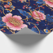 シックなコバルトブルーのピンクのフローラルパターン ラッピングペーパー (角)