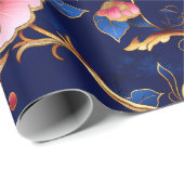 シックなコバルトブルーのピンクのフローラルパターン ラッピングペーパー (ロールコーナー)