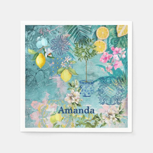 シックなコラージブルーターコイズシチリア柑橘類フローラ スタンダードカクテルナプキン (正面)