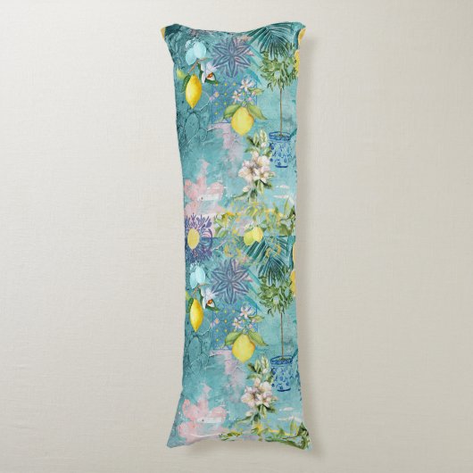 シックなコラージブルーターコイズシチリア柑橘類フローラ ボディピロー (正面縦)