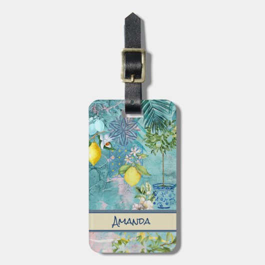 シックなコラージブルーターコイズシチリア柑橘類フローラ ラゲッジタグ (正面縦)