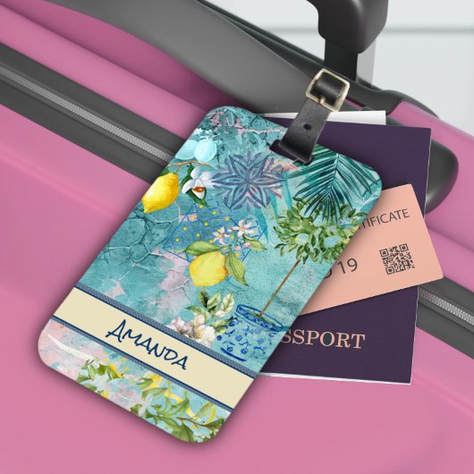 シックなコラージブルーターコイズシチリア柑橘類フローラ ラゲッジタグ