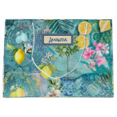 シックなコラージブルーターコイズシチリア柑橘類フローラ ラージペーパーバッグ (正面)