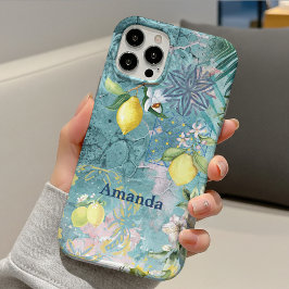 シックなコラージュ ブルー ターコイズ シチリア シトラス フローラル iPhone 15ケース