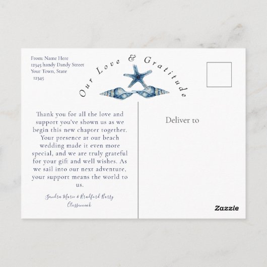 シックなコーストフォト結婚の感謝ポストカード ポストカード (裏面)