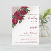 シックなコーナーレッドローゼスフローラ装飾誕生日 招待状 (スタンド正面)