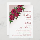 シックなコーナーレッドローゼスフローラ装飾誕生日 招待状 (正面/裏面)