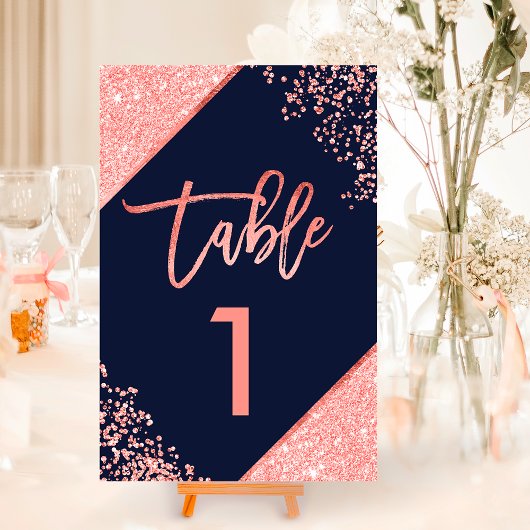 シックなコーラルグリッタースクリプトnavy blue table number テーブルナンバー