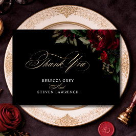 シックなゴシック様式の緑の赤いフローラムーディ結婚ーズ サンキューカード