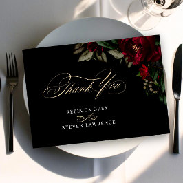 シックなゴシック様式の緑の赤いフローラムーディ結婚ーズ サンキューカード