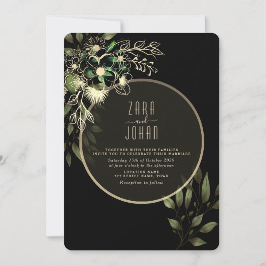 シックなゴシック金ゴールドとブラック結婚式招待状 招待状 (正面)