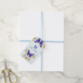 シックなゴールデンフラワーズ&ブルーモノグラムの蝶 ギフトタグ (より糸付き)