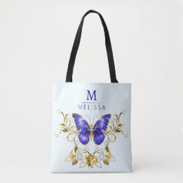 シックなゴールデンフラワーズ&ブルーモノグラムの蝶 トートバッグ