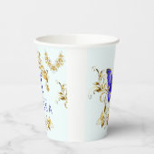 シックなゴールデンフラワーズ&ブルーモノグラムの蝶 紙コップ (左)