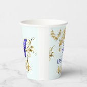 シックなゴールデンフラワーズ&ブルーモノグラムの蝶 紙コップ (右)