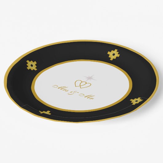 シックなゴールデンブラック&ホワイト結婚ズ ペーパープレート (アングル)