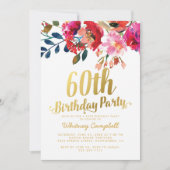 シックなゴールドの花柄 60歳の誕生日招待状 招待状 (正面)