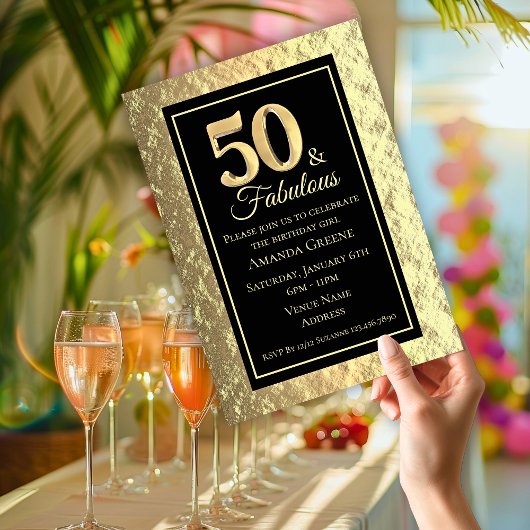 シックなゴールドの50歳の誕生日パーティー 招待状