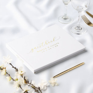 シックなゴールドフォイルと白エレガント書道結婚の ゲストブック