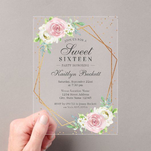 シックなゴールドフォイルフローラスウィート16誕生日 アクリル招待状 (インサイチュ (ポータブル))