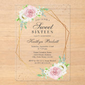 シックなゴールドフォイルフローラスウィート16誕生日 アクリル招待状 (正面)