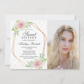 シックなゴールドフォイルフローラフォトスイート16誕生日 招待状 (正面)