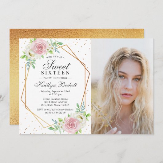 シックなゴールドフォイルフローラフォトスイート16誕生日 招待状 (正面/裏面)