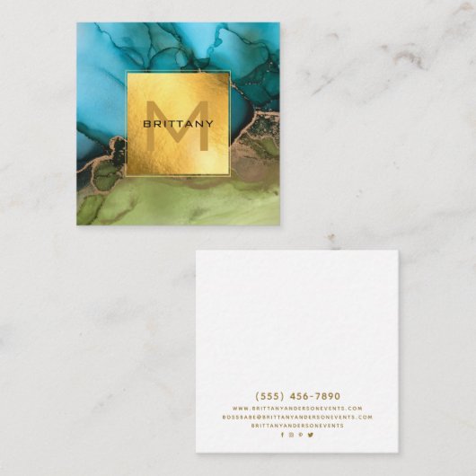 シックなゴールドフォイルブラックアンドティール(緑がかった色)カスタムDIY スクエア名刺 (正面/裏面)