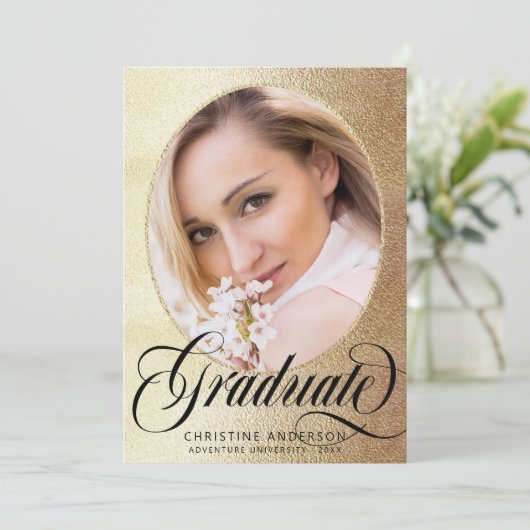 シックなゴールドフォイル黒のスクリプト写真卒業 案内状 (スタンド正面)