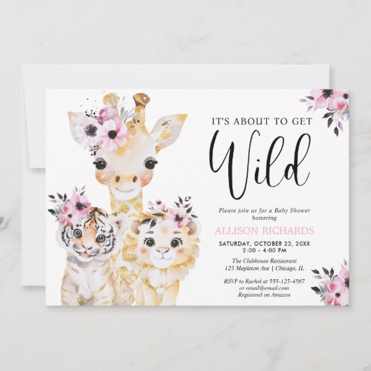 シックなサファリピンクの黒い金ゴールド女の子の赤ちゃんシャワー 招待状 (正面)