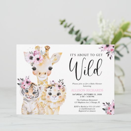 シックなサファリピンクの黒い金ゴールド女の子の赤ちゃんシャワー 招待状 (スタンド正面)