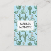 シックなサボテンと多肉類砂漠の水色QRコード 名刺 (正面)