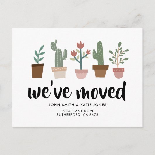 シックなサボテンと植物の新しい家と移動 インビテーションポストカード (正面)