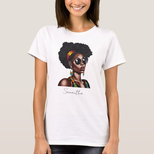 シックなサングラスを持つアフリカ系アメリカ人女性 Tシャツ (正面)